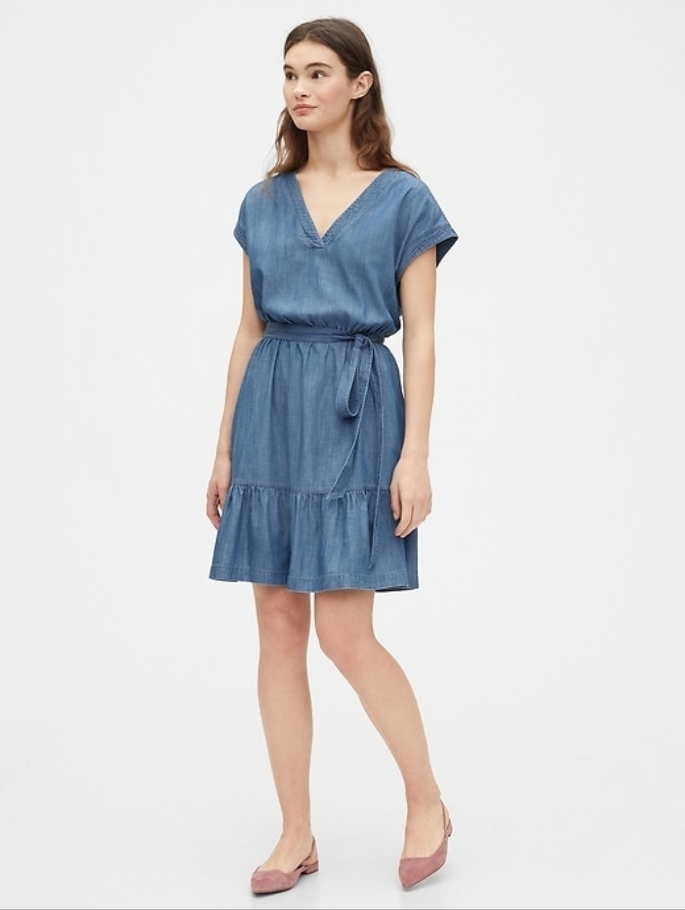 GAP Denim Ruffle Tencel Short Sleeve Dress Sz. L